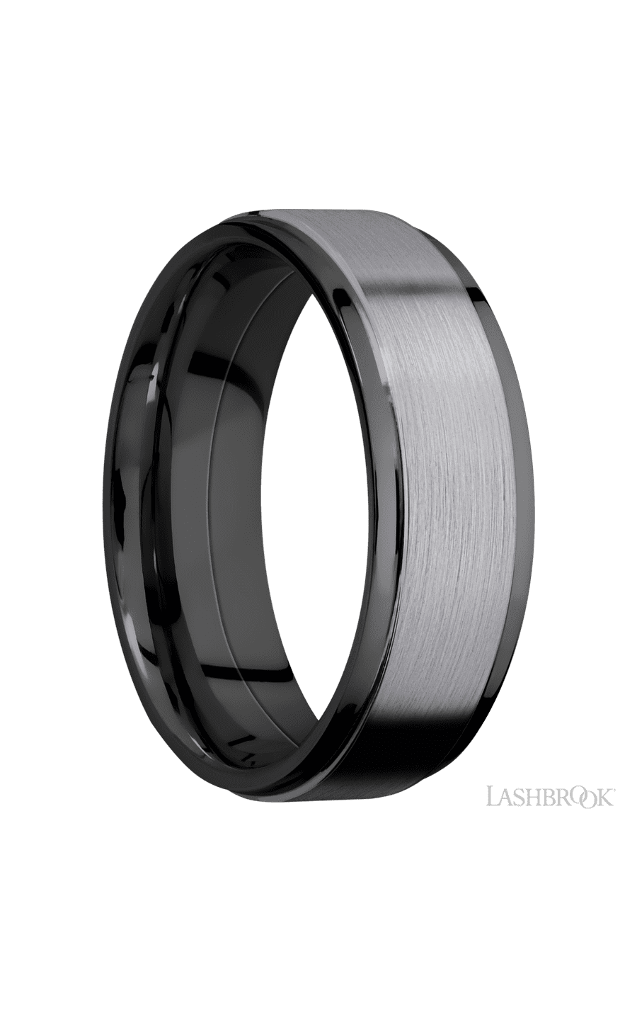 7 mm wide/Flat Grooved Edges/Zirconium band with one 5 mm Raised Centered inlay of Tantalum.