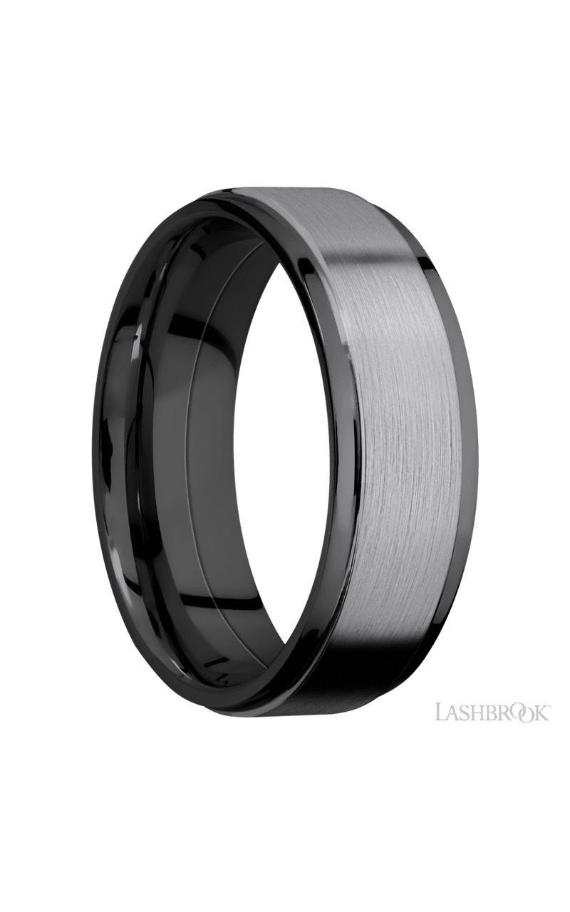7 mm wide/Flat Grooved Edges/Zirconium band with one 5 mm Raised Centered inlay of Tantalum.