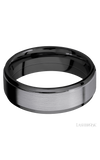 7 mm wide/Flat Grooved Edges/Zirconium band with one 5 mm Raised Centered inlay of Tantalum.