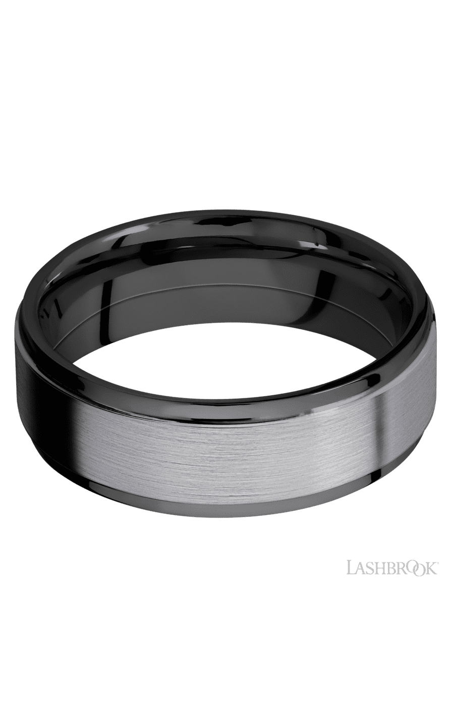 7 mm wide/Flat Grooved Edges/Zirconium band with one 5 mm Raised Centered inlay of Tantalum.