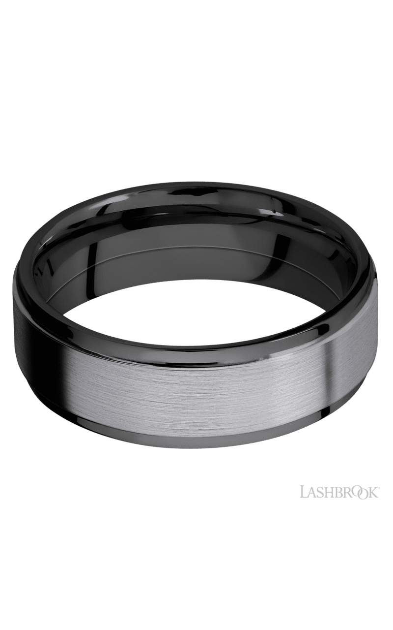 7 mm wide/Flat Grooved Edges/Zirconium band with one 5 mm Raised Centered inlay of Tantalum.