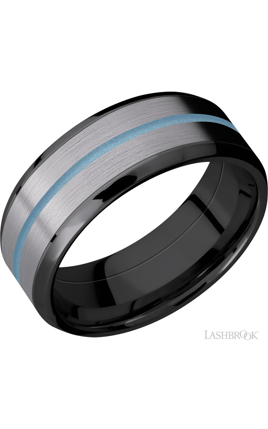 8 mm wide/Beveled/Zirconium band featuring inlays of Tantalum and Polar Blue. - NAGI