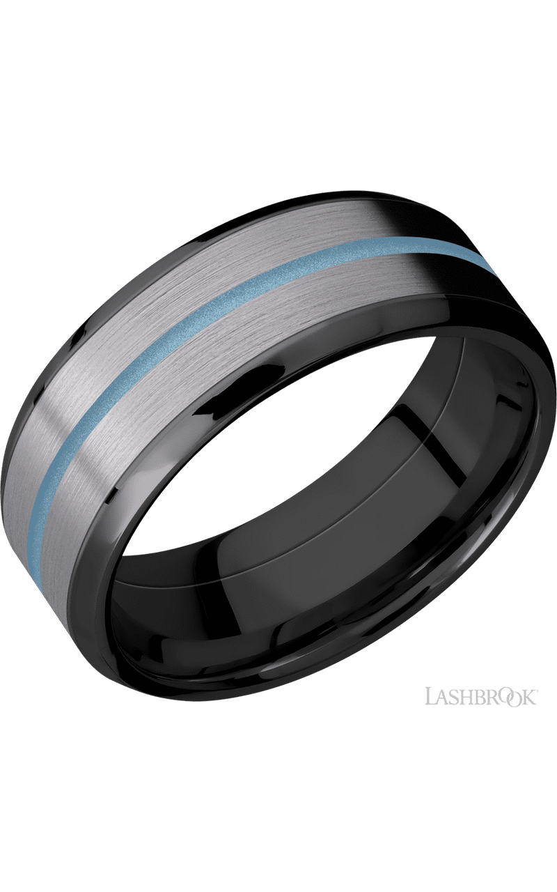 8 mm wide/Beveled/Zirconium band featuring inlays of Tantalum and Polar Blue. - NAGI