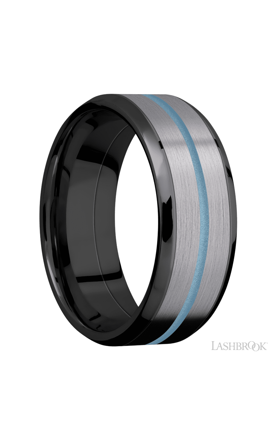 8 mm wide/Beveled/Zirconium band featuring inlays of Tantalum and Polar Blue. - NAGI