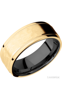 8 mm wide Flat Stepped Edges Milgrain 14K Yellow Gold band featuring a Zirconium sleeve.
