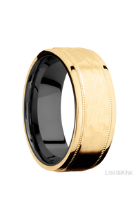 8 mm wide Flat Stepped Edges Milgrain 14K Yellow Gold band featuring a Zirconium sleeve.