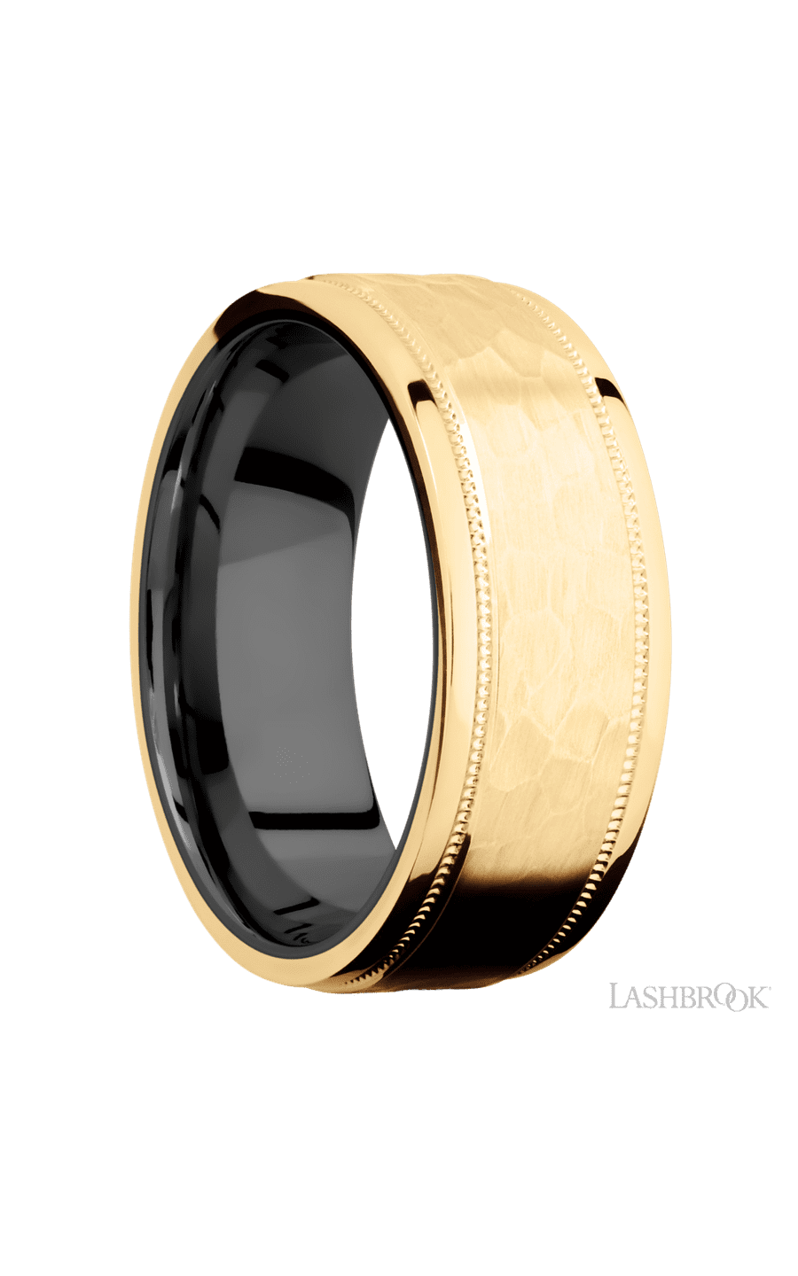 8 mm wide Flat Stepped Edges Milgrain 14K Yellow Gold band featuring a Zirconium sleeve.