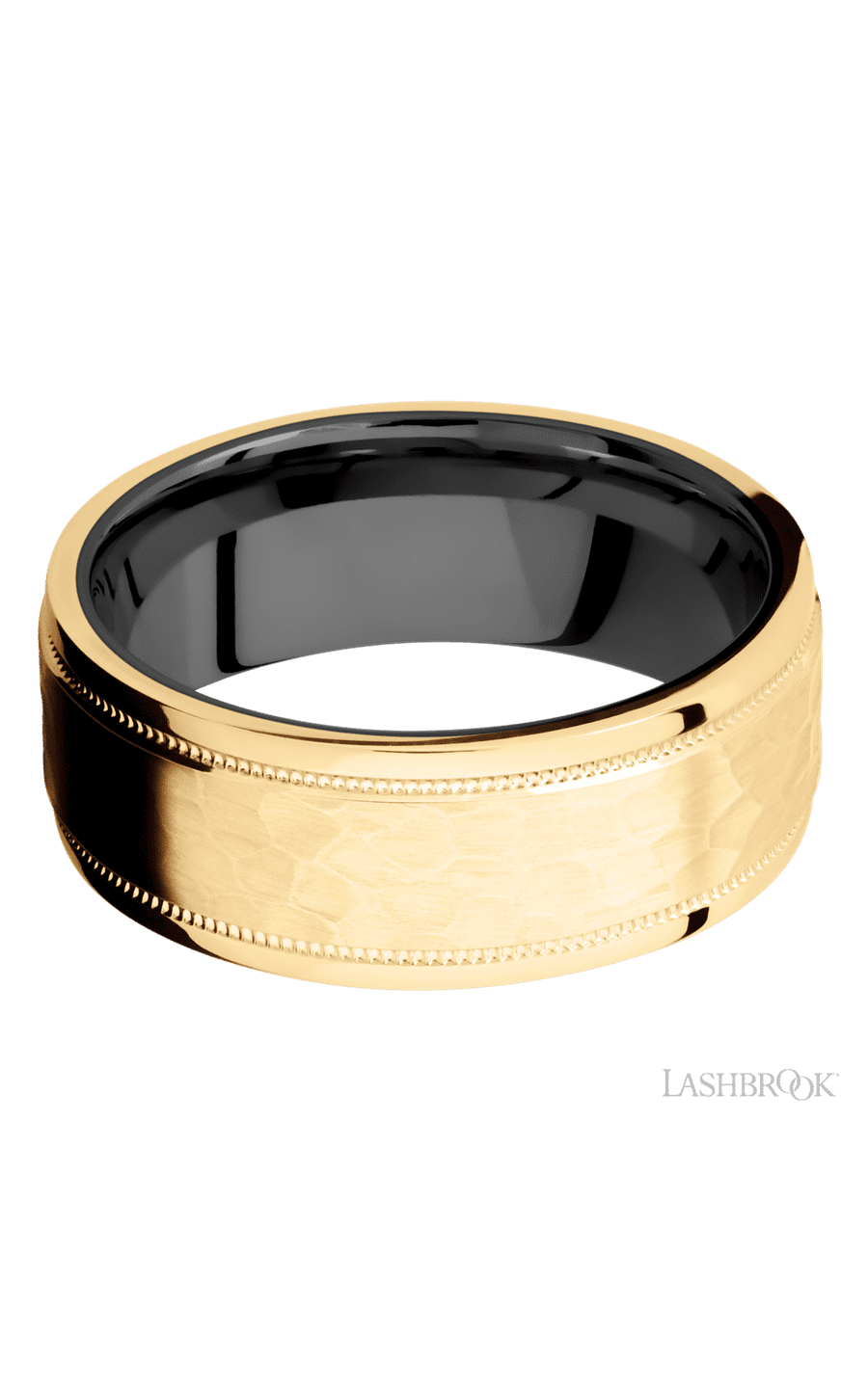 8 mm wide Flat Stepped Edges Milgrain 14K Yellow Gold band featuring a Zirconium sleeve. - NAGI