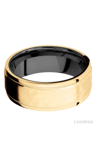 8 mm wide Flat Stepped Edges Milgrain 14K Yellow Gold band featuring a Zirconium sleeve.