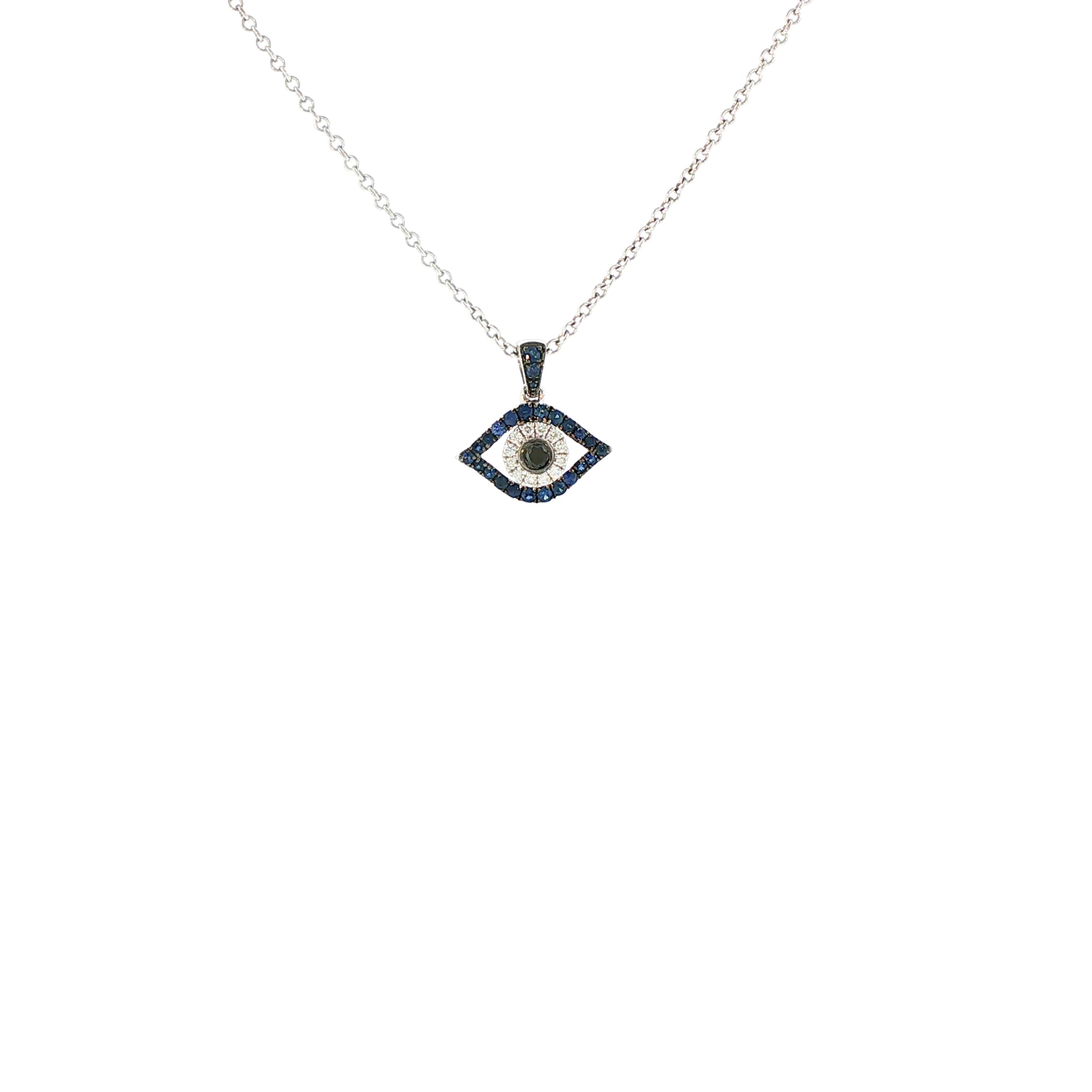 18K White Gold Evil Eye Sapphire Black Diamond and White Diamond Pendant