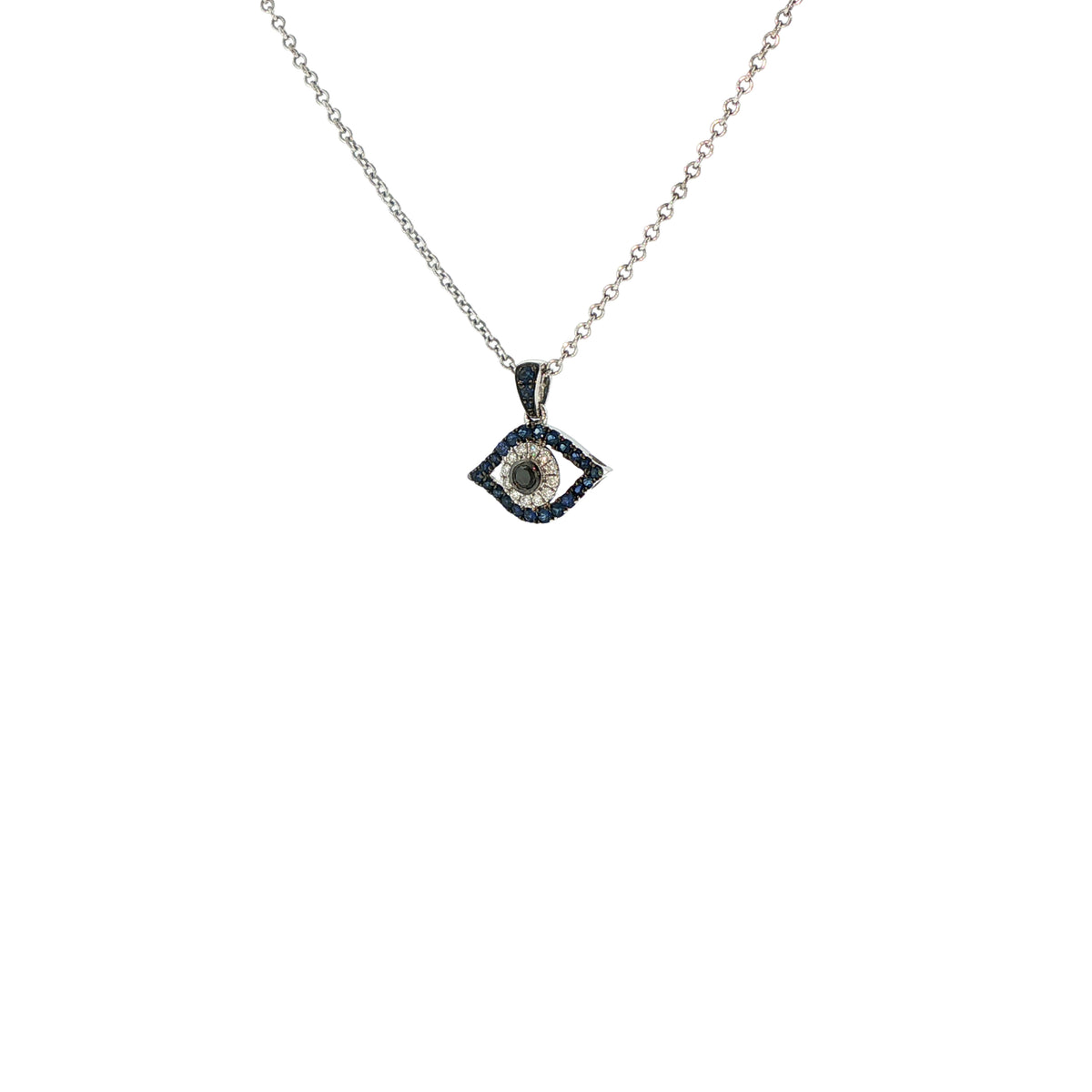 18K White Gold Evil Eye Sapphire Black Diamond and White Diamond Pendant