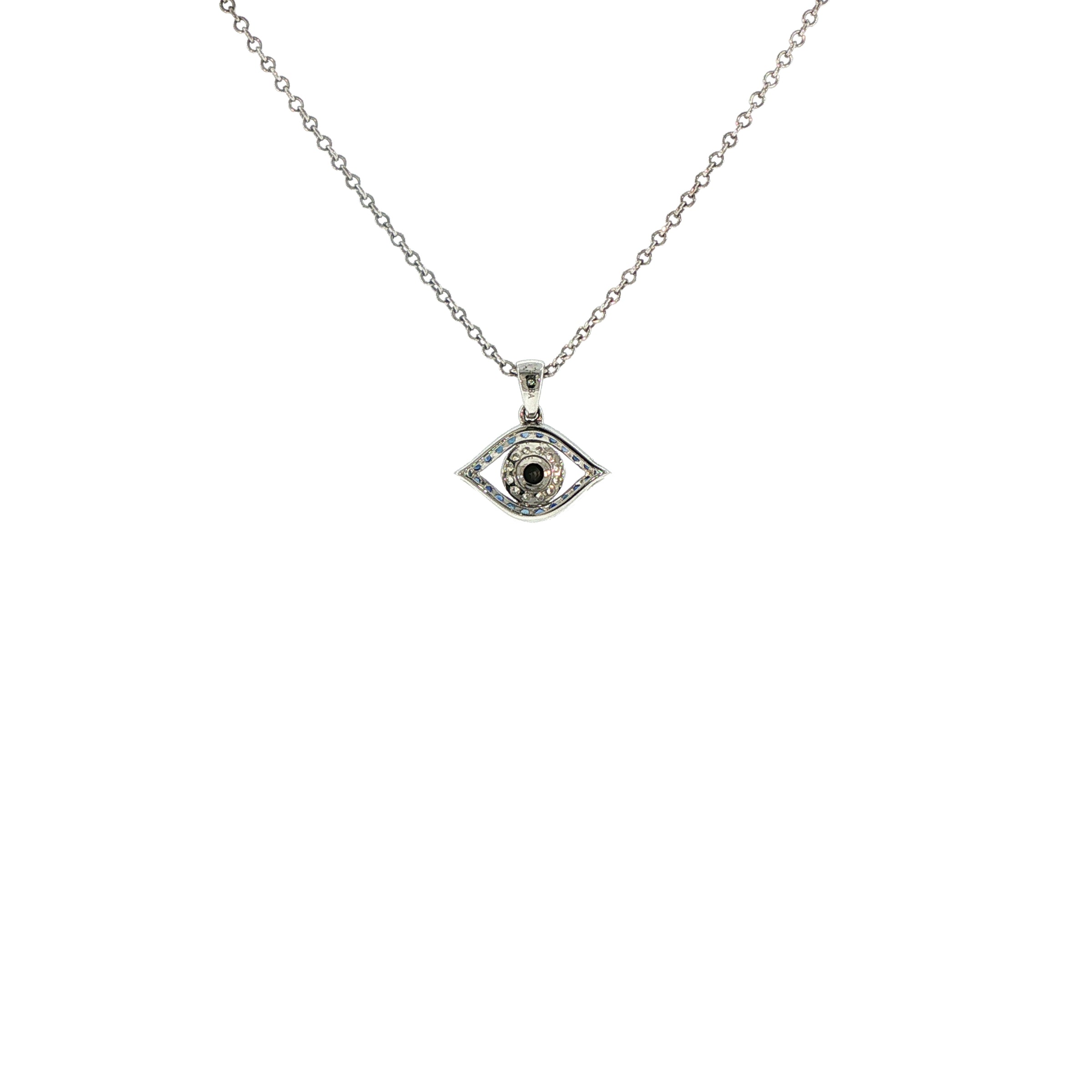 18K White Gold Evil Eye Sapphire Black Diamond and White Diamond Pendant