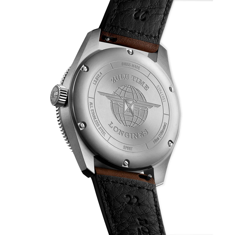 Longines Spirit Zulu Time 42MM Automatic GMT Watch Black Dial Brown Leather Strap L38124532