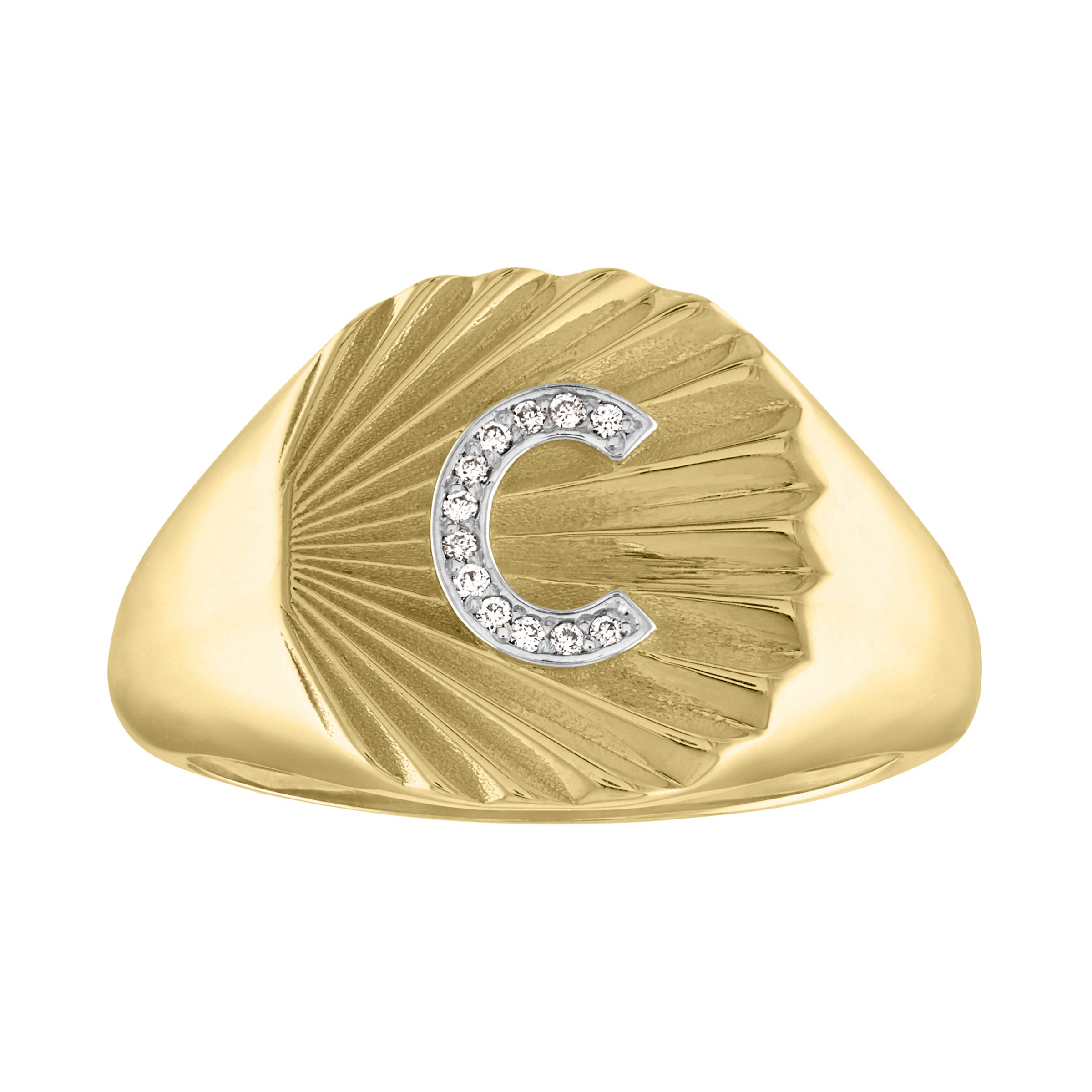 14k yellow gold signet ring with "E" initial