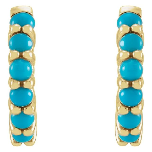 14K Yellow Gold Natural Tuquoise Cabochon Hoop Earrings