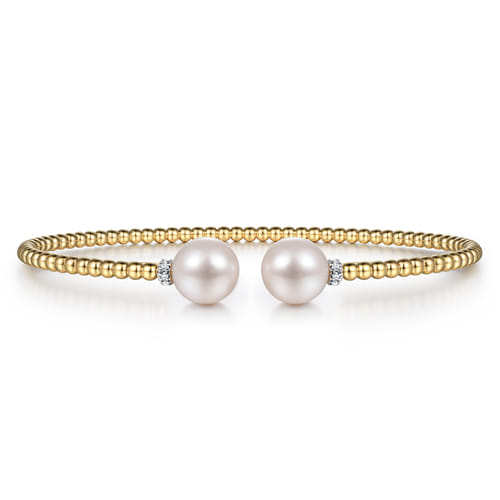 Gabriel & Co. 14K Yellow Gold Bujukan Bead Split Bracelet with Pearl and Diamond Caps