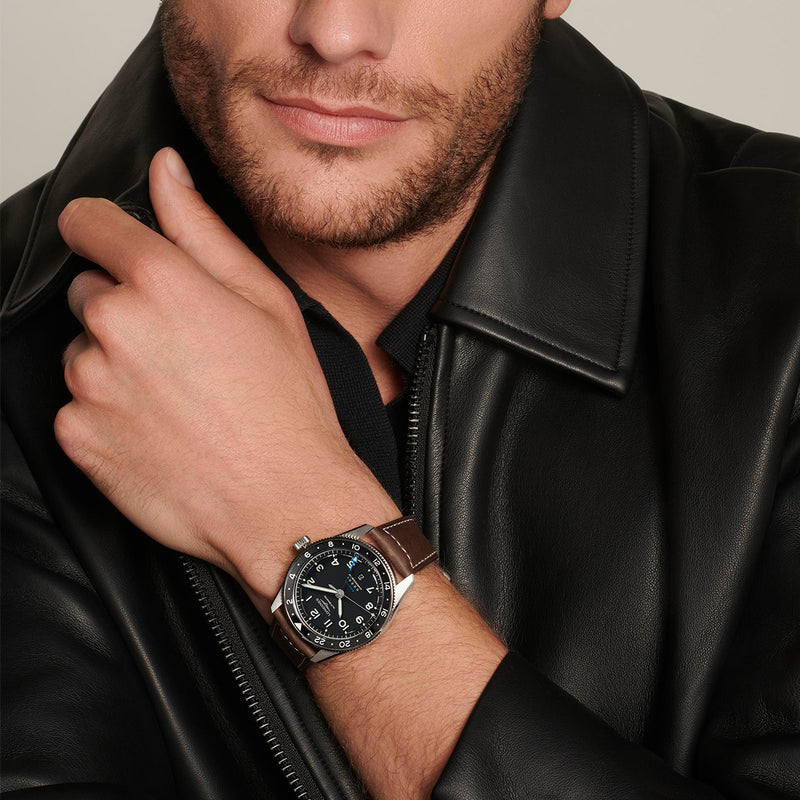 Longines Spirit Zulu Time 42MM Automatic GMT Watch Black Dial Brown Leather Strap L38124532