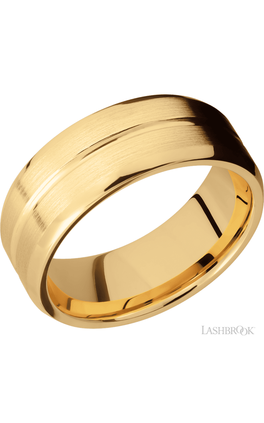 8 mm wide Beveled with Center Accent Groove 14K Yellow Gold band. - NAGI