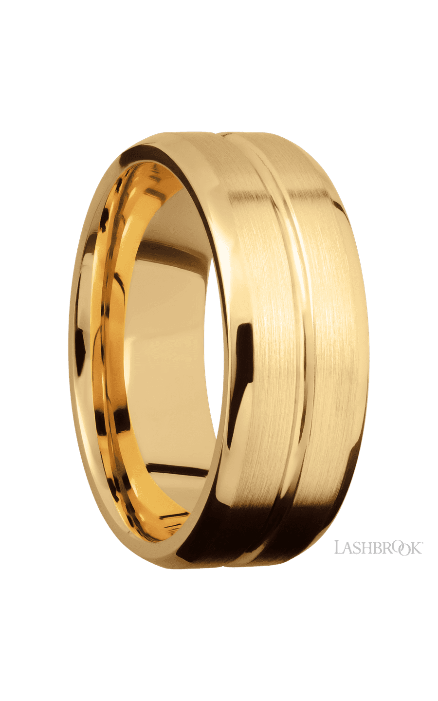 8 mm wide Beveled with Center Accent Groove 14K Yellow Gold band.