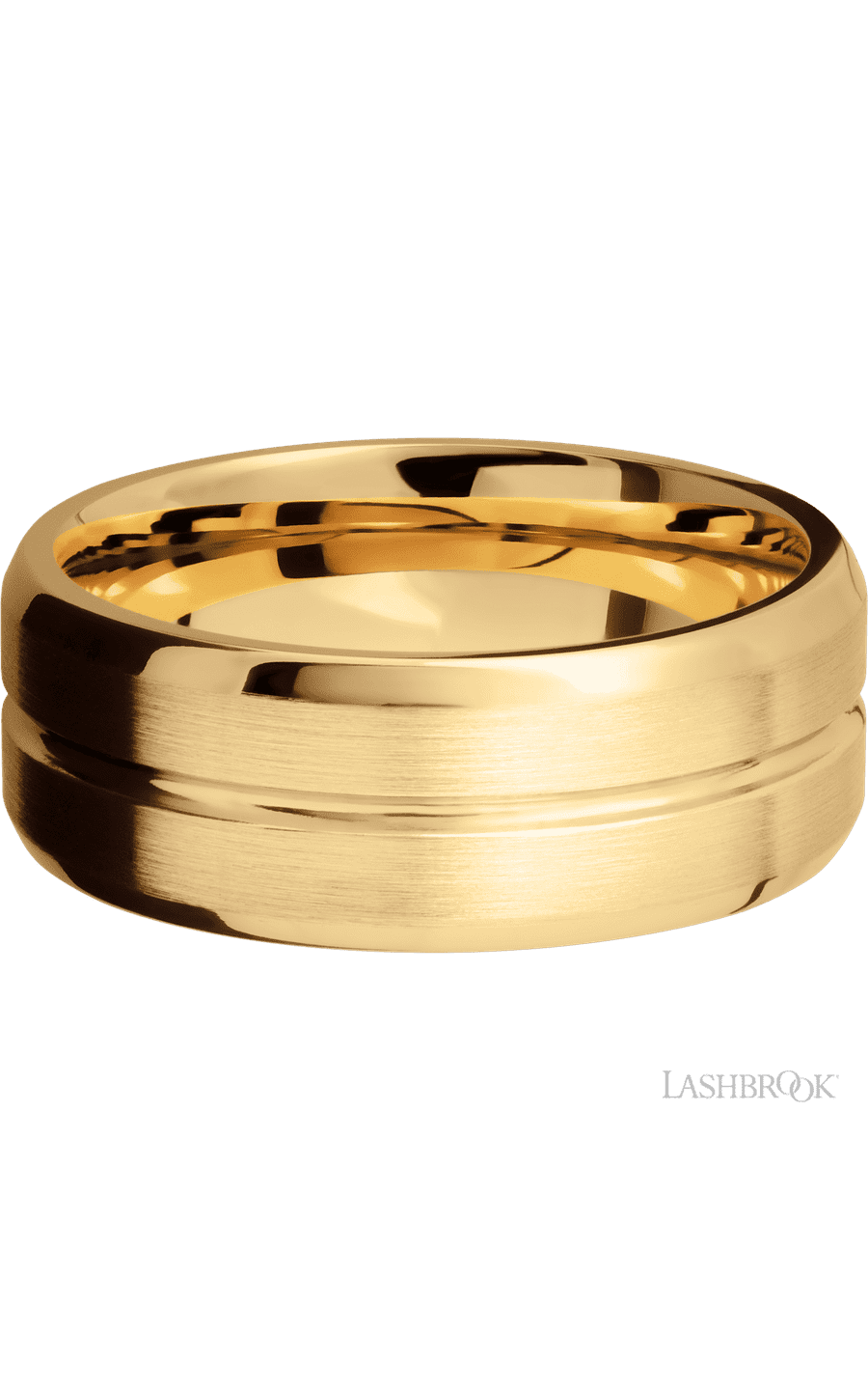 8 mm wide Beveled with Center Accent Groove 14K Yellow Gold band. - NAGI