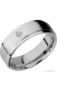 7 mm wide/Flat Grooved Edges/14K White Gold band with an  arrangement of 1, .1 carat Round Diamond stones in a Flush setting.