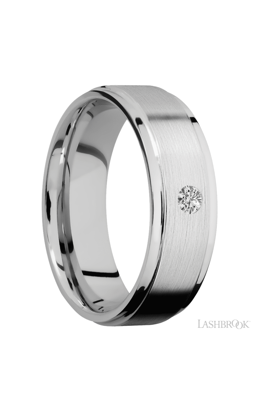 7 mm wide/Flat Grooved Edges/14K White Gold band with an  arrangement of 1, .1 carat Round Diamond stones in a Flush setting