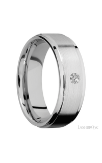 7 mm wide/Flat Grooved Edges/14K White Gold band with an  arrangement of 1, .1 carat Round Diamond stones in a Flush setting.