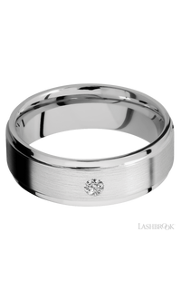 7 mm wide/Flat Grooved Edges/14K White Gold band with an  arrangement of 1, .1 carat Round Diamond stones in a Flush setting.