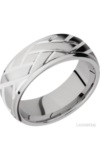 8 mm wide/Domed Stepped Down Edges/14K White Gold band with a machined Lattice pattern.