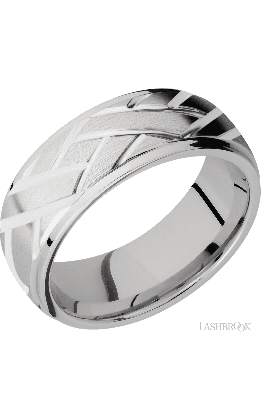 8 mm wide/Domed Stepped Down Edges/14K White Gold band with a machined Lattice pattern. - NAGI