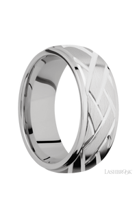 8 mm wide/Domed Stepped Down Edges/14K White Gold band with a machined Lattice pattern.