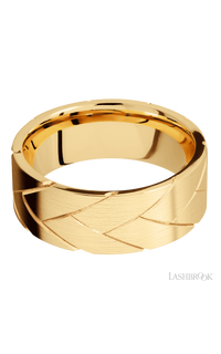 8 mm wide/Flat/14K Yellow Gold band with a machined Flatbraid pattern.