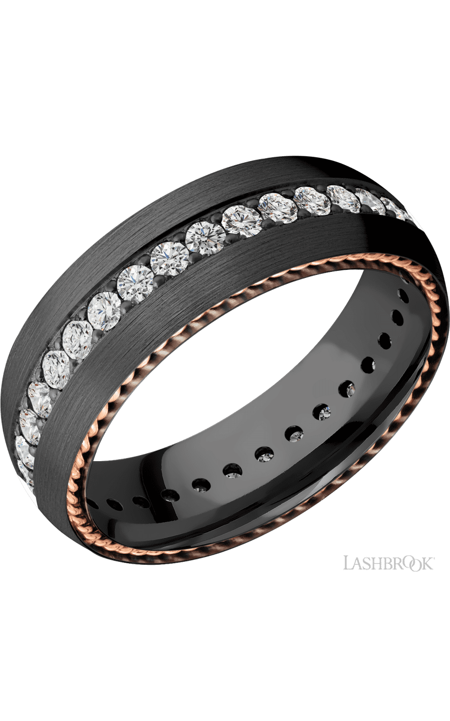 7 mm wide/Domed/Zirconium band with  two 1 mm Sidebraid inlays of 14K Rose Gold and featuring an Eternity arrangement of .03 carat Round Lab Grown Diamond stones in a Bead setting - NAGI