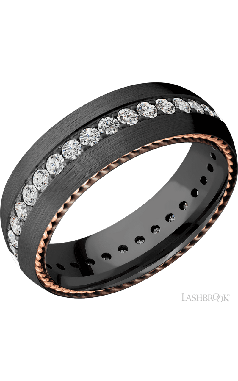 7 mm wide/Domed/Zirconium band with  two 1 mm Sidebraid inlays of 14K Rose Gold and featuring an Eternity arrangement of .03 carat Round Lab Grown Diamond stones in a Bead setting - NAGI