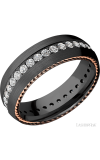 7 mm wide/Domed/Zirconium band with  two 1 mm Sidebraid inlays of 14K Rose Gold and featuring an Eternity arrangement of .03 carat Round Lab Grown Diamond stones in a Bead setting