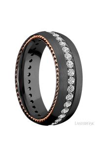 7 mm wide/Domed/Zirconium band with  two 1 mm Sidebraid inlays of 14K Rose Gold and featuring an Eternity arrangement of .03 carat Round Lab Grown Diamond stones in a Bead setting