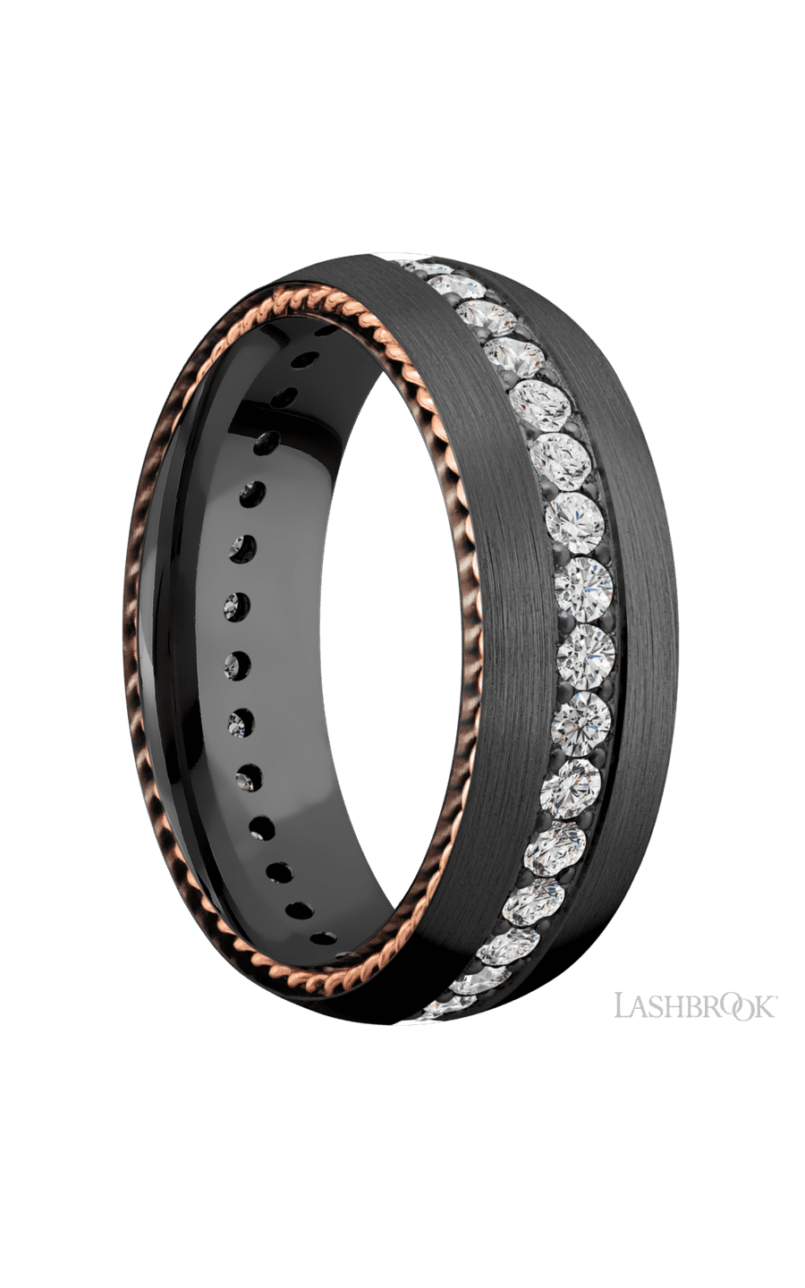 7 mm wide/Domed/Zirconium band with  two 1 mm Sidebraid inlays of 14K Rose Gold and featuring an Eternity arrangement of .03 carat Round Lab Grown Diamond stones in a Bead setting - NAGI
