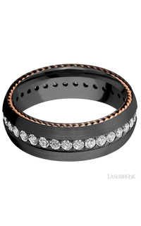 7 mm wide/Domed/Zirconium band with  two 1 mm Sidebraid inlays of 14K Rose Gold and featuring an Eternity arrangement of .03 carat Round Lab Grown Diamond stones in a Bead setting