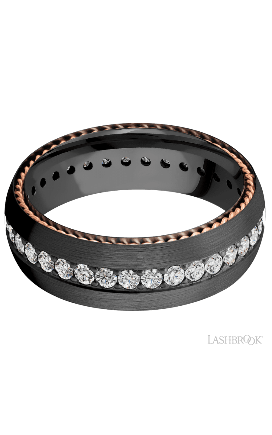 7 mm wide/Domed/Zirconium band with  two 1 mm Sidebraid inlays of 14K Rose Gold and featuring an Eternity arrangement of .03 carat Round Lab Grown Diamond stones in a Bead setting - NAGI