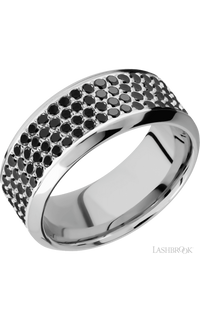 9 mm wide/High Bevel/14K White Gold band with a 4 Row Half Eternity arrangement of .015 carat Round Black Diamond stones in a Bead Channel setting.