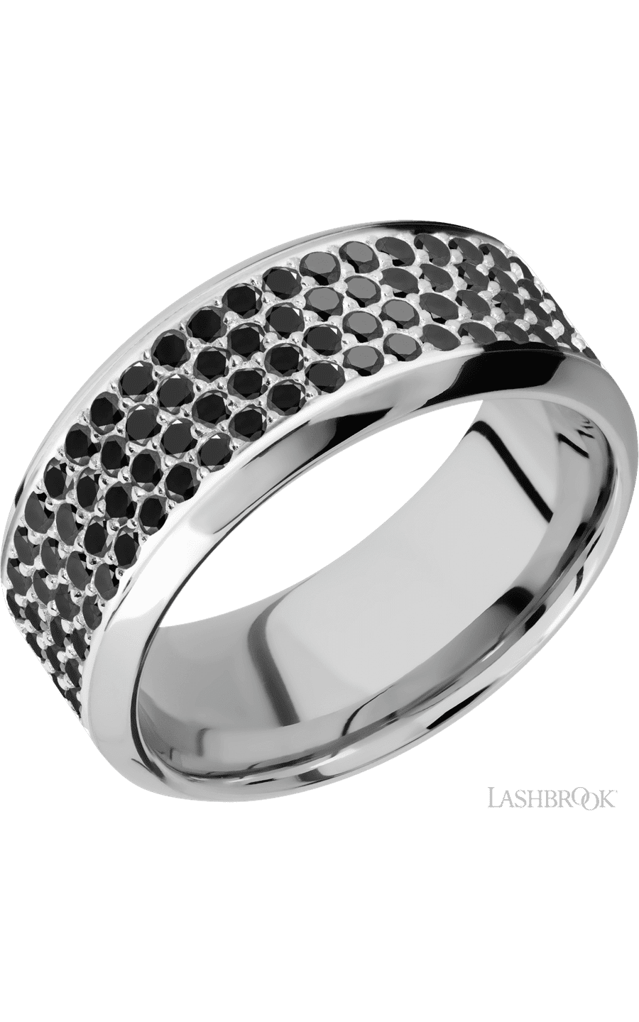 9 mm wide/High Bevel/14K White Gold band with a 4 Row Half Eternity arrangement of .015 carat Round Black Diamond stones in a Bead Channel setting. - NAGI