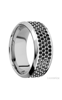 9 mm wide/High Bevel/14K White Gold band with a 4 Row Half Eternity arrangement of .015 carat Round Black Diamond stones in a Bead Channel setting. - NAGI