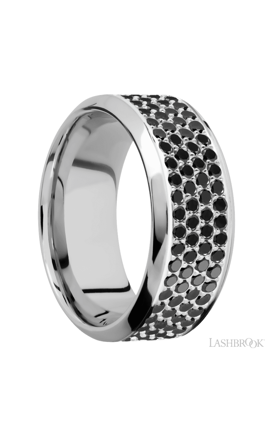 9 mm wide/High Bevel/14K White Gold band with a 4 Row Half Eternity arrangement of .015 carat Round Black Diamond stones in a Bead Channel setting. - NAGI