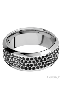 9 mm wide/High Bevel/14K White Gold band with a 4 Row Half Eternity arrangement of .015 carat Round Black Diamond stones in a Bead Channel setting.
