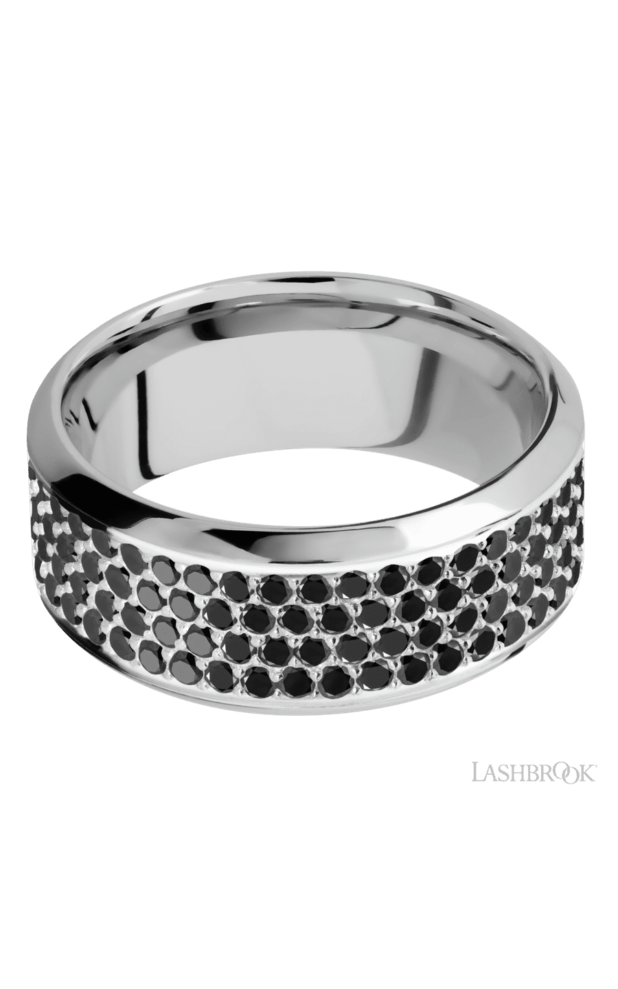 9 mm wide/High Bevel/14K White Gold band with a 4 Row Half Eternity arrangement of .015 carat Round Black Diamond stones in a Bead Channel setting. - NAGI