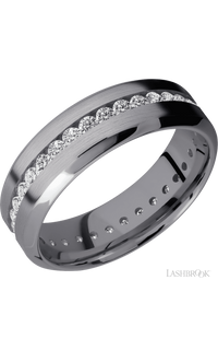 7 mm wide/High Bevel/Tantalum band with an Eternity arrangement of .03 carat Round Lab Grown Diamond stones in a Channel setting.