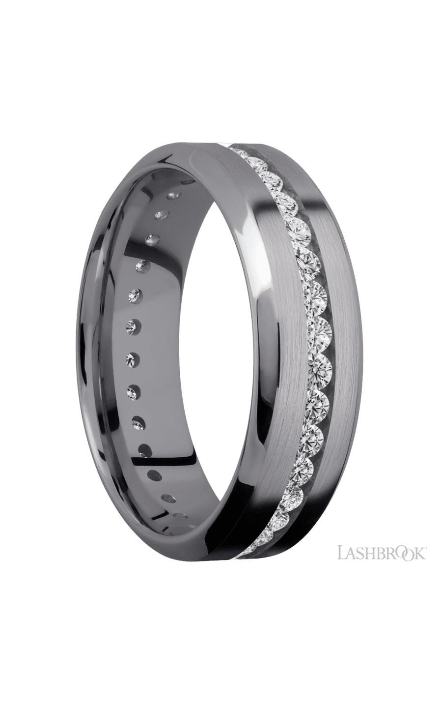 7 mm wide/High Bevel/Tantalum band with an Eternity arrangement of .03 carat Round Lab Grown Diamond stones in a Channel setting. - NAGI