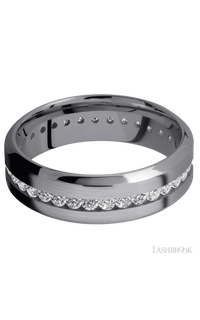 7 mm wide/High Bevel/Tantalum band with an Eternity arrangement of .03 carat Round Lab Grown Diamond stones in a Channel setting.