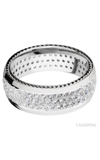 8 mm wide/Domed/14K White Gold band with  two 1 mm Sidebraid inlays of 14K White Gold and featuring a 3 Row Eternity arrangement of .015 carat Round Diamond stones in a Bead Channel setting