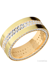8 mm wide/Flat/14K Yellow Gold band with a Side Eternity arrangement of .01 carat Round Diamond stones in a Bead Channel setting and featuring a a 2 Row Eternity arrangement of .015 carat Round Diamond stones in a Bead Channel setting